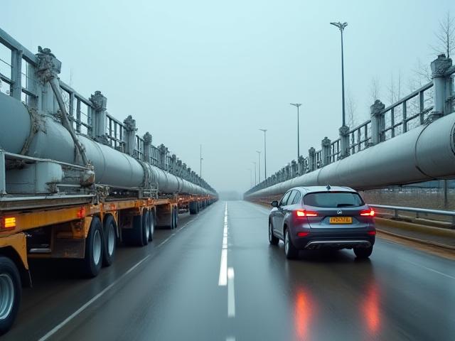 Mallory Trucking transporting pre-fabricated bridge beams