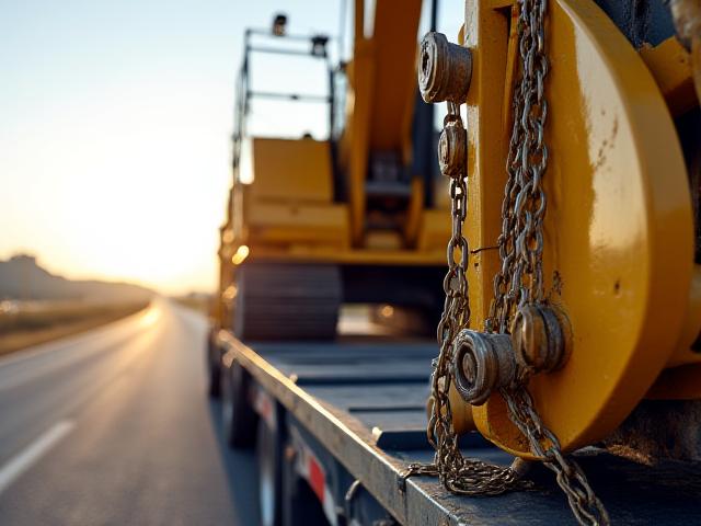 Transporting large yellow excavator for Midwest highway construction