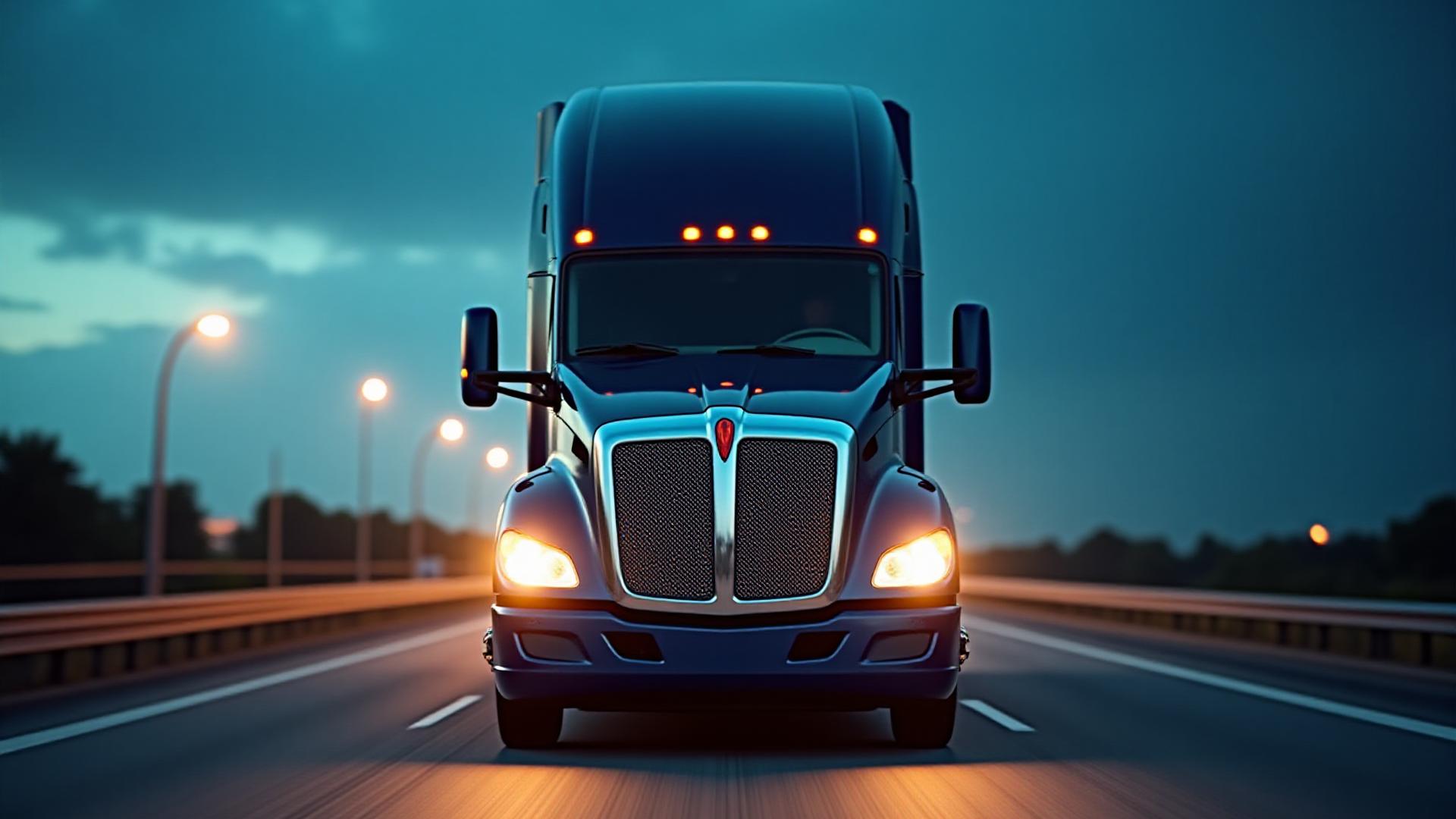 Mallory Trucking heavy haul vehicle on I-69 at dusk