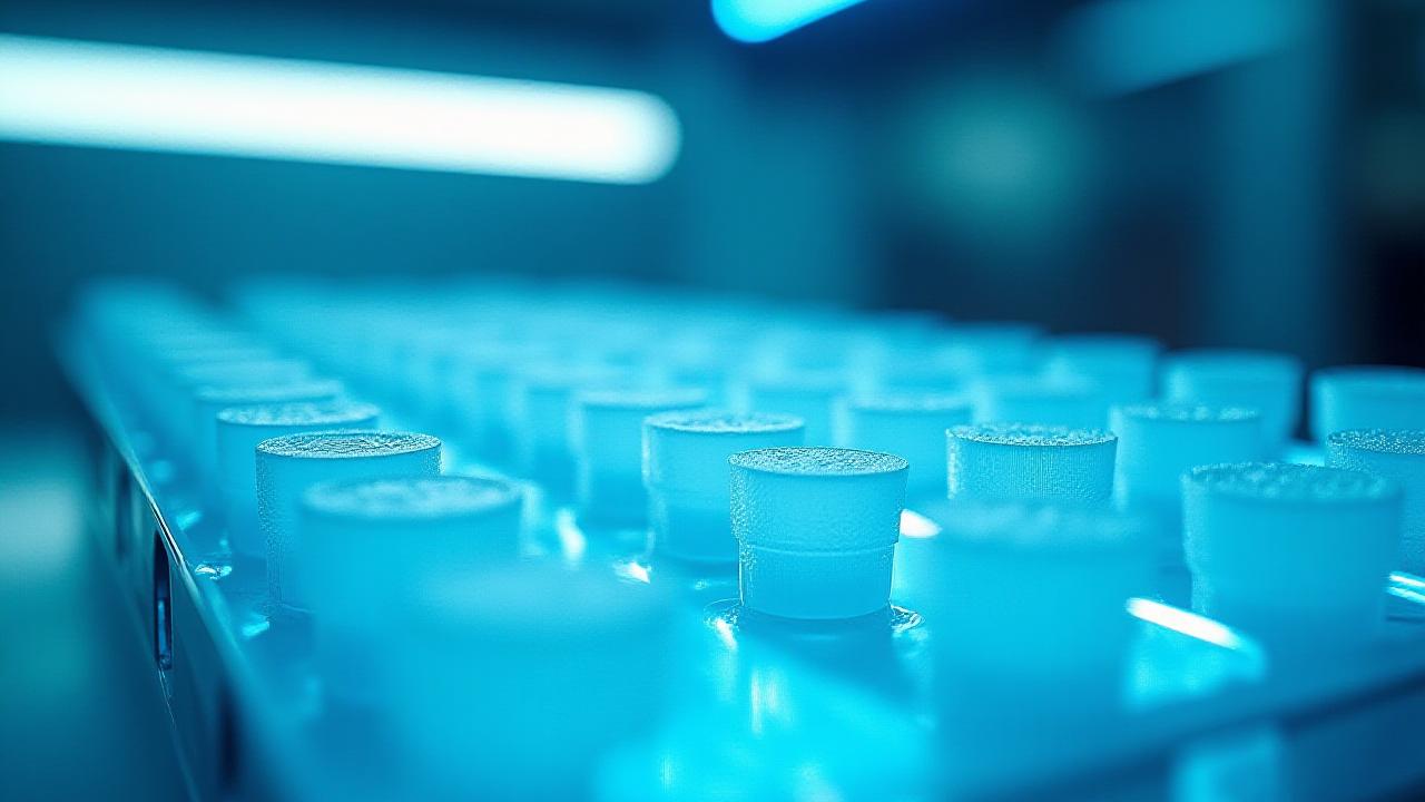 Close-up of medical vials in a high-tech cooling unit with motion blur to indicate speed