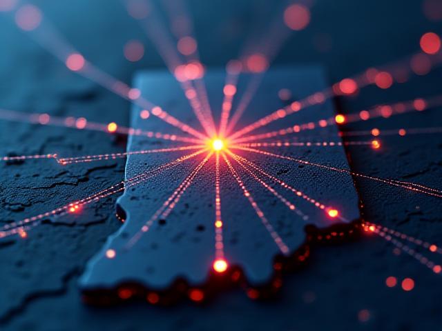 Abstract map visualization showing speed lines radiating from Fort Wayne hub to regional medical facilities